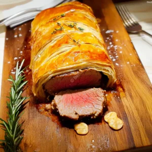Beef Wellington sliced to reveal tender meat inside golden puff pastry