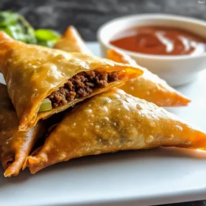 Beef samosas stacked on a plate with dipping sauces
