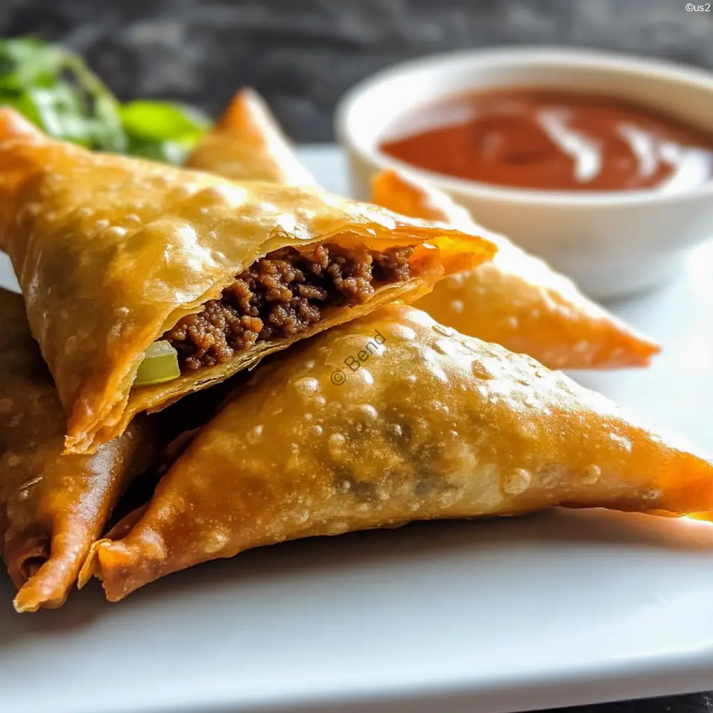 Beef samosas stacked on a plate with dipping sauces