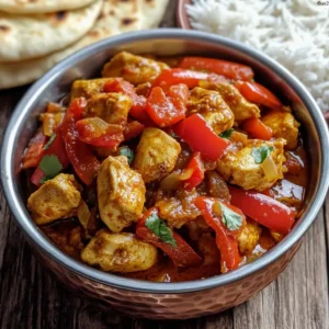 Indian chicken jalfrezi with red peppers, onions, and thick tomato sauce in a black skillet