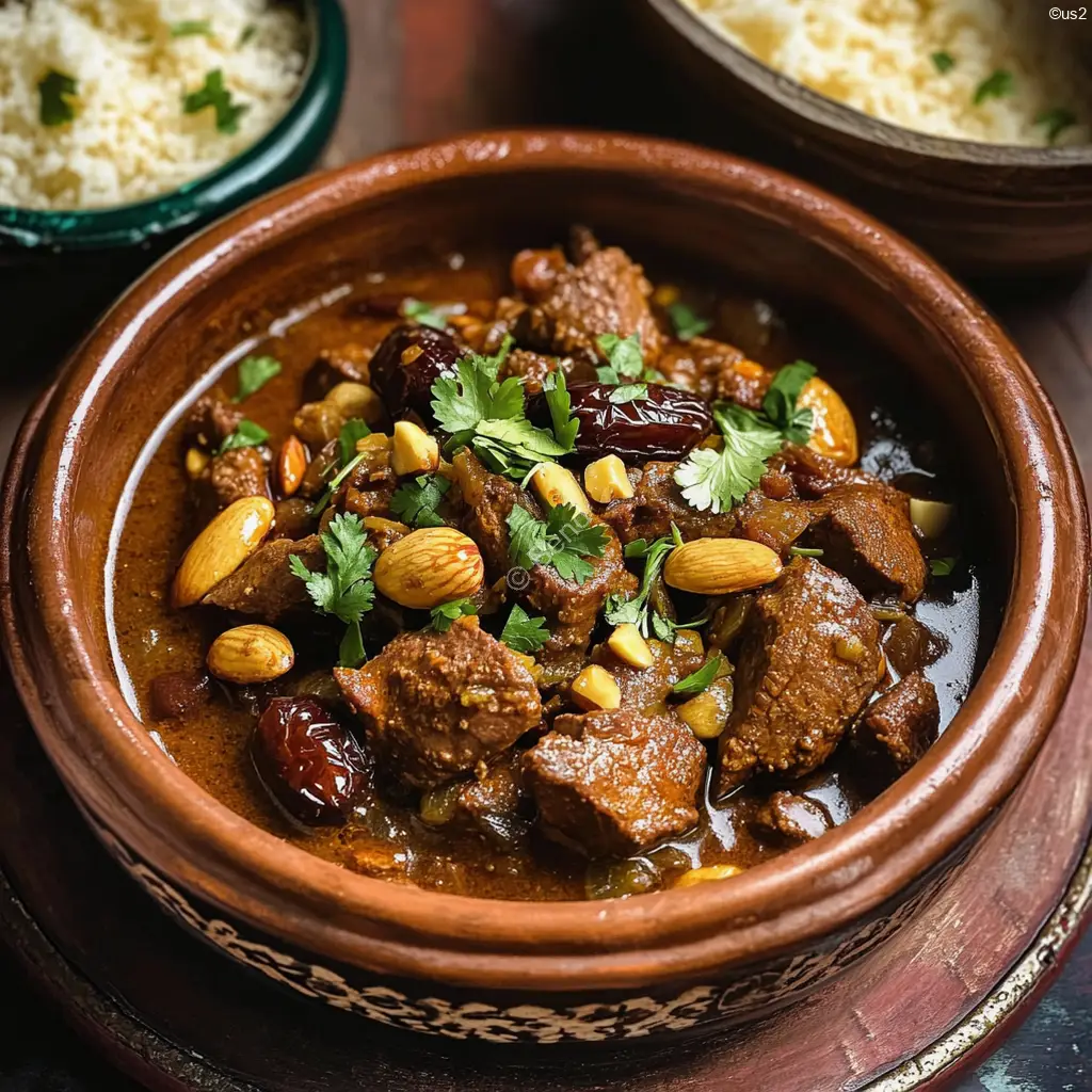 Moroccan lamb tagine with dates and almonds in a traditional dish