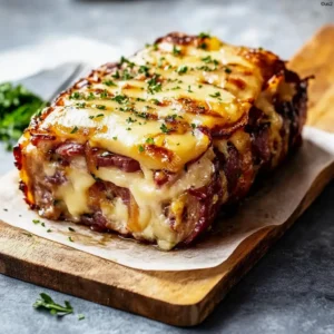 Bacon wrapped meatloaf sliced on a cutting board with melted cheese