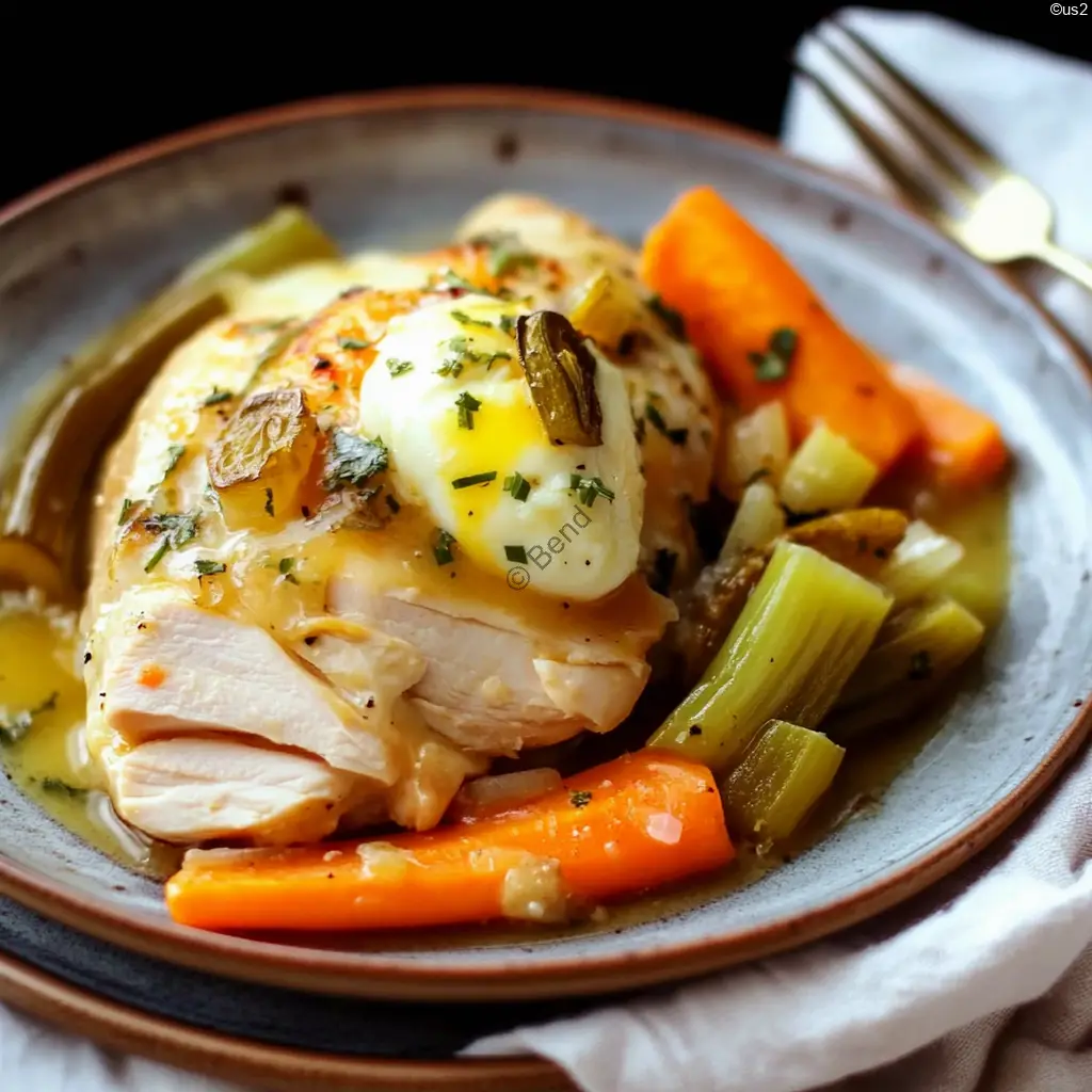 Poached chicken sliced with vegetables and gribiche sauce on the side