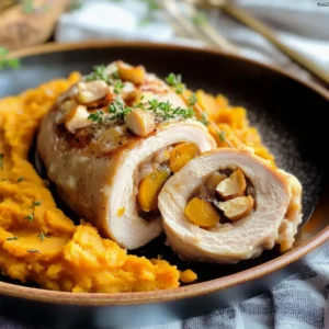 Sliced chicken roulade with apricots and chestnuts on a white plate