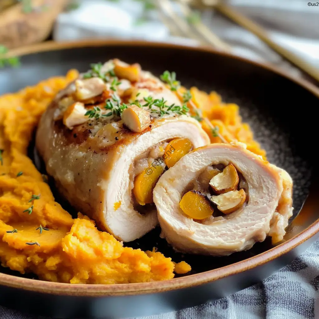 Sliced chicken roulade with apricots and chestnuts on a white plate