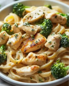 Creamy chicken and broccoli pasta with long noodles in a skillet