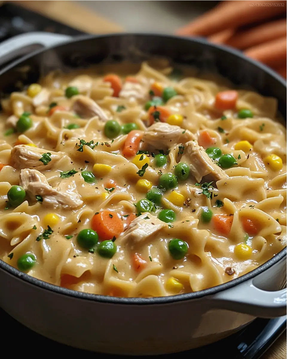 Chicken pot pie pasta with creamy sauce, chicken chunks, and vegetables in a skillet