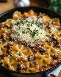 Creamy bowtie pasta with ground beef and parmesan in a skillet