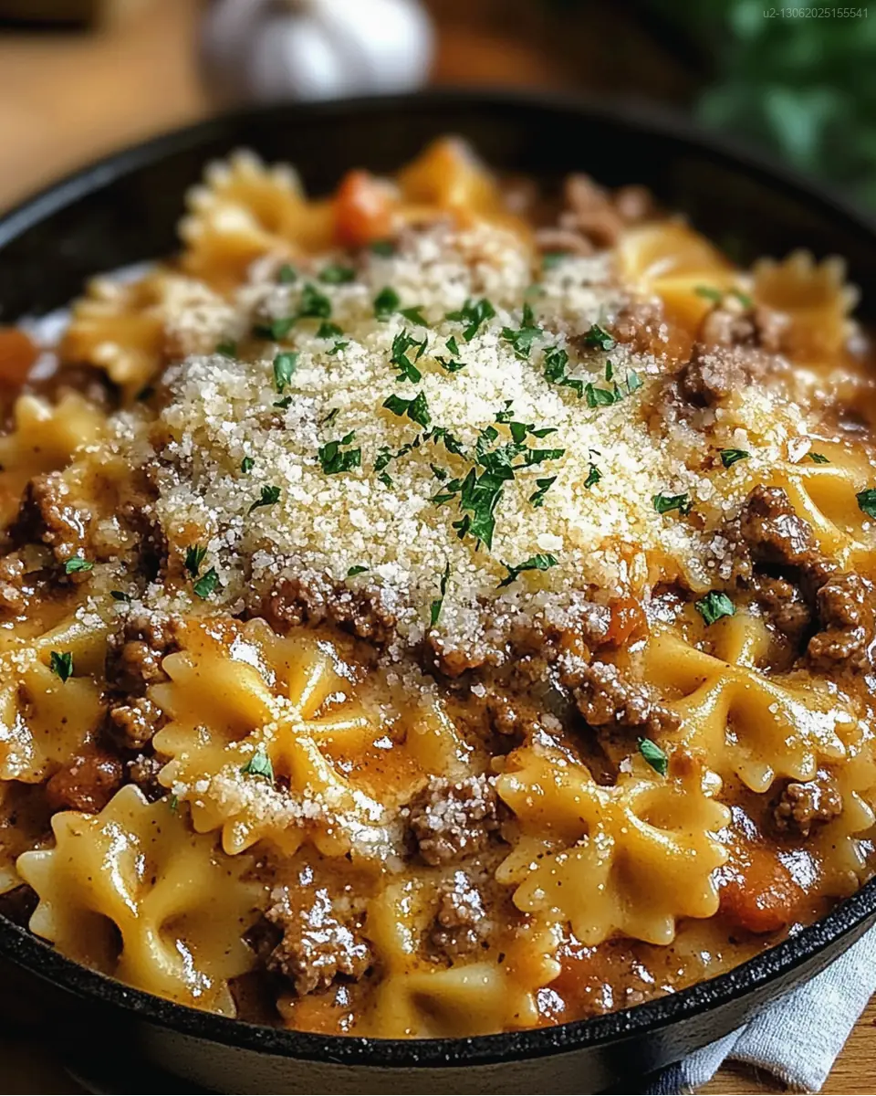 Creamy bowtie pasta with ground beef and parmesan in a skillet