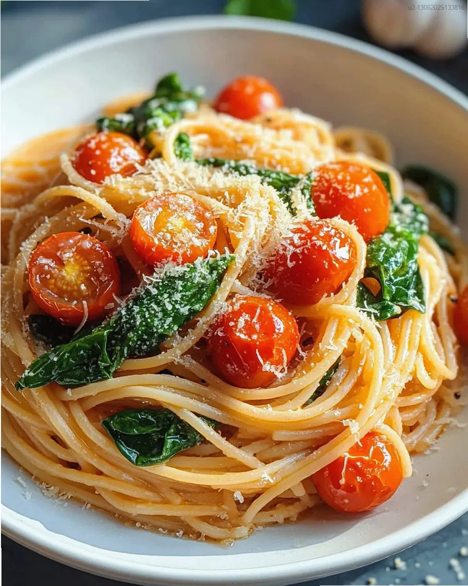 One-pot pasta with cherry tomatoes, garlic, and spinach in a white bowl