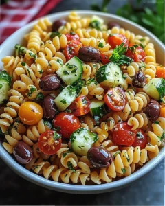 Colorful pasta salad with vegetables, cheese, and herbs in a large serving bowl