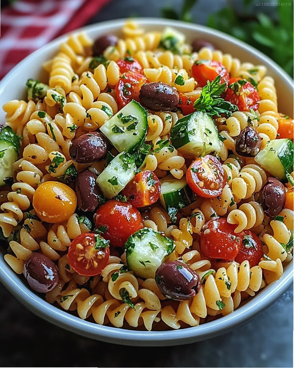Colorful pasta salad with vegetables, cheese, and herbs in a large serving bowl