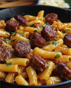 Sticky honey garlic sausage pasta with rigatoni in a skillet