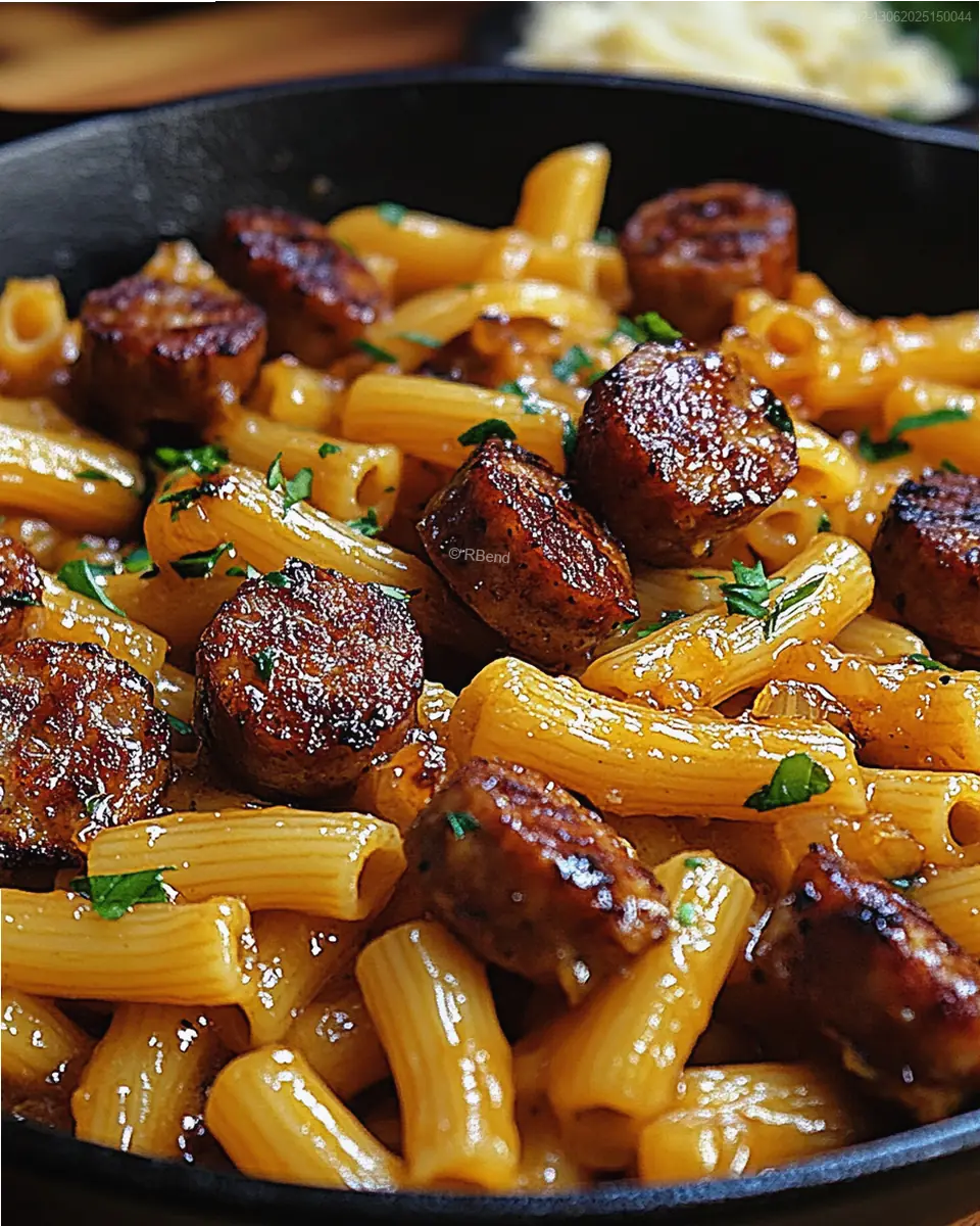 Sticky honey garlic sausage pasta with rigatoni in a skillet
