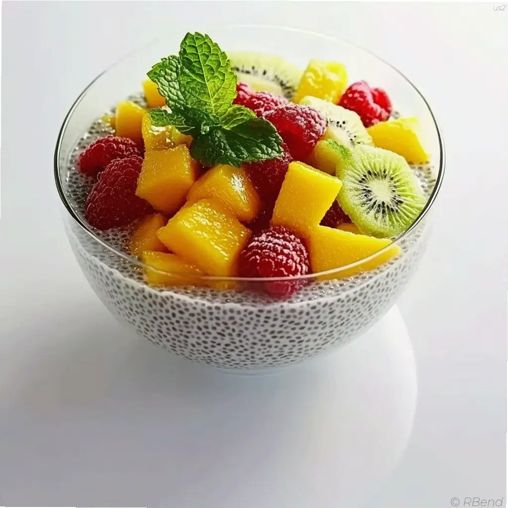 Glass bowl of chia seed fruit pudding topped with diced mango and kiwi, garnished with mint leaves