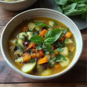 Bowl of detox turnip soup with fresh herbs on top, served with toasted whole grain bread