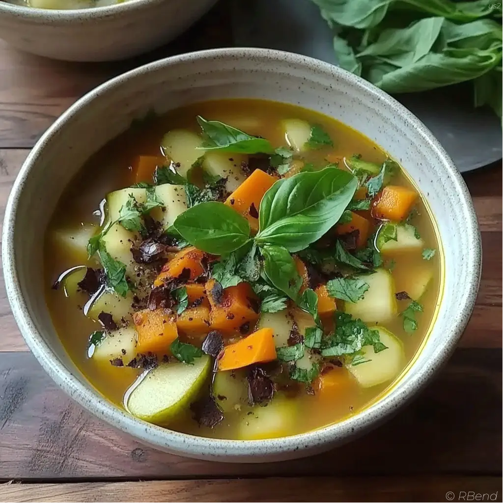 Bowl of detox turnip soup with fresh herbs on top, served with toasted whole grain bread