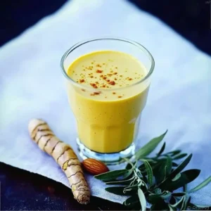 Warm golden turmeric almond milk in a glass cup with a sprinkle of black pepper and cinnamon on top