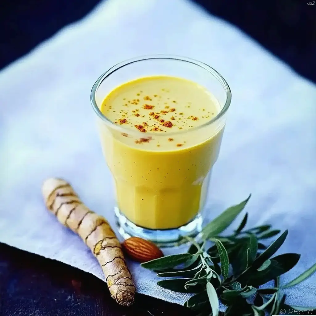Warm golden turmeric almond milk in a glass cup with a sprinkle of black pepper and cinnamon on top