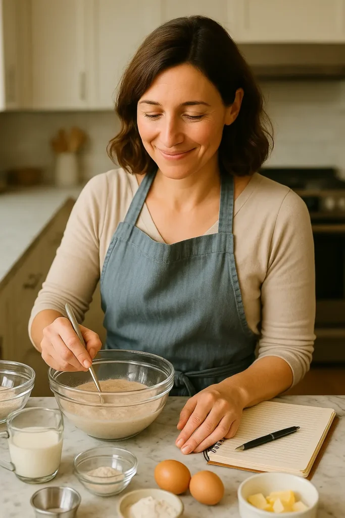 Home French American recipes Camille demonstrating authentic recipe development process in her RecipesBend kitchen with testing ingredients