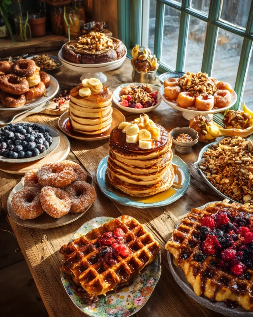 Breakfast Favorites breakfast favorites Breakfast favorites complete farmhouse morning spread featuring pancakes banana breads donuts muffins waffles cereals rustic kitchen setting