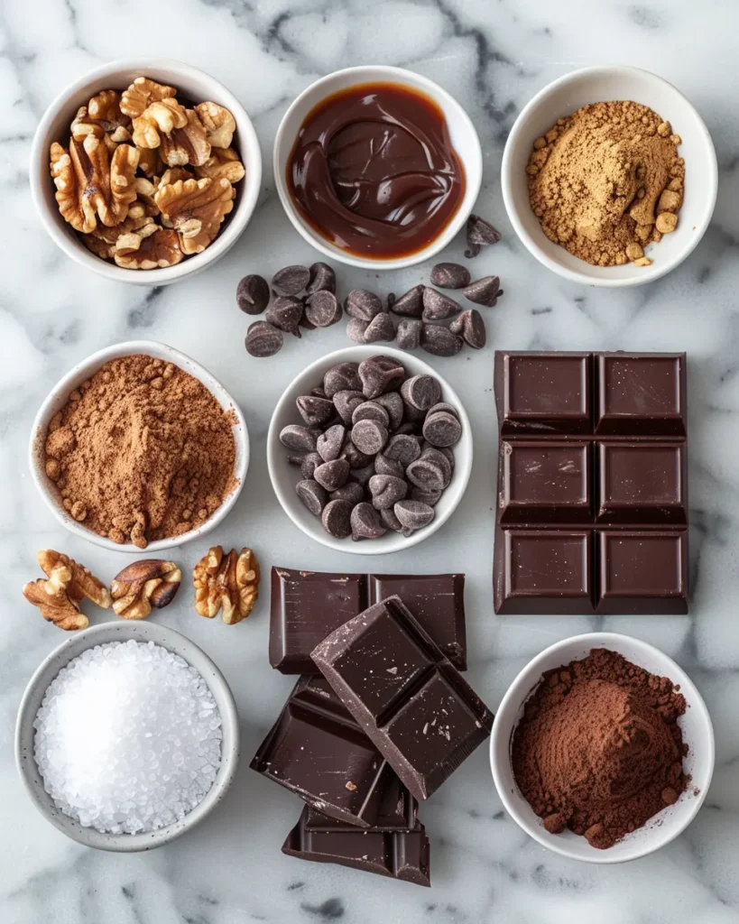 Brownie flavor enhancement ingredients including nuts, caramel, espresso powder and chocolate arranged on kitchen surface