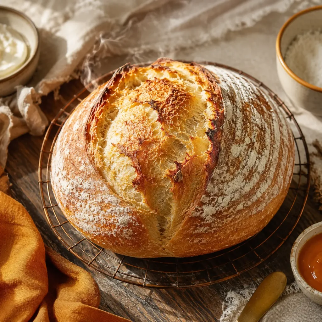 Gluten-Free Bread & Baking hero, a freshly baked gluten-free sourdough boule on a cooling rack, golden crust visible, oven steam in soft daylight