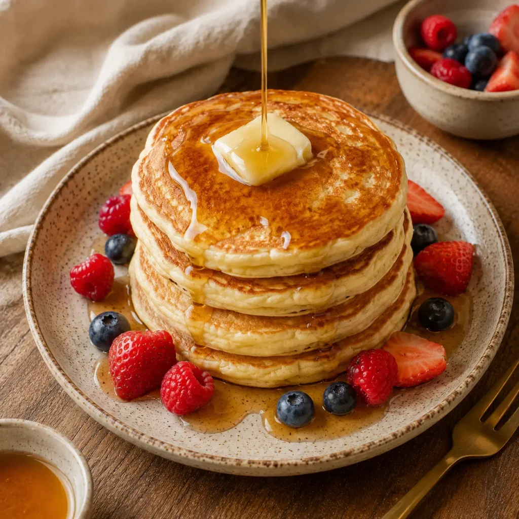Gluten-Free Breakfast & Brunch hero, a stack of fluffy gluten-free pancakes with maple syrup pouring over, fresh berries, butter pat melting