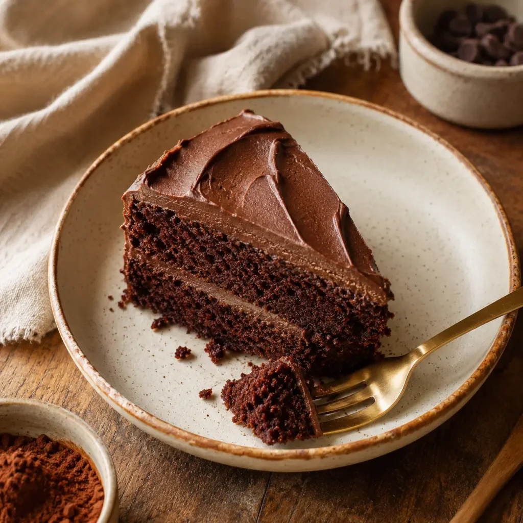 Gluten-Free Desserts & Sweets hero, a slice of moist gluten-free chocolate cake on a cream stoneware plate, fork ready, edge crumb visible