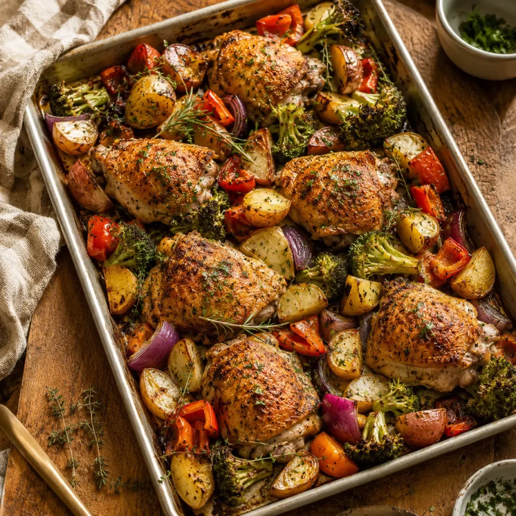 Gluten-Free Dinners & Mains hero, a sheet pan dinner with chicken, roasted vegetables, herbs, golden caramelization in soft daylight