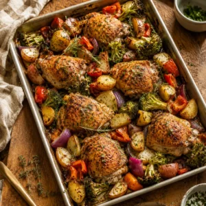Gluten-Free Dinners & Mains hero, a sheet pan dinner with chicken, roasted vegetables, herbs, golden caramelization in soft daylight