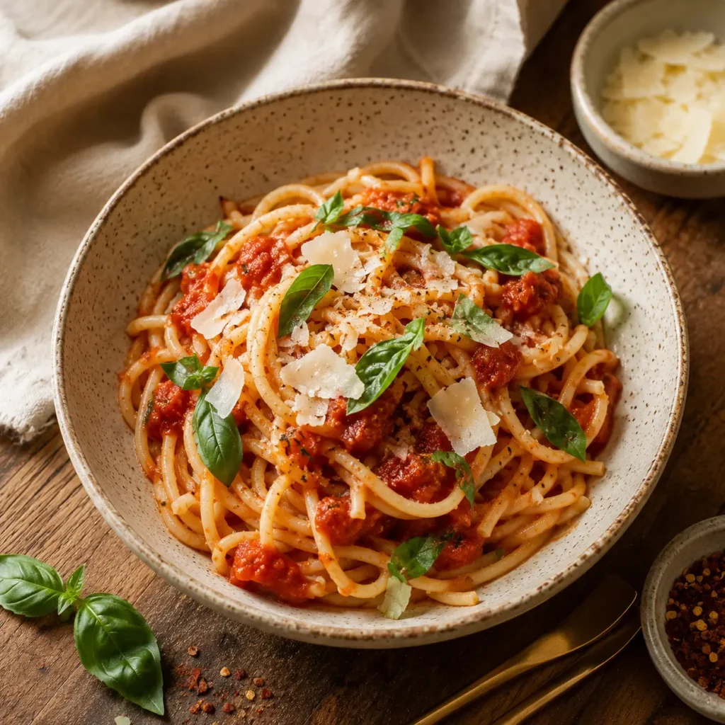 Gluten-Free Pasta & Pizza hero, a bowl of gluten-free pasta with fresh tomato basil sauce, parmesan flakes, basil leaves on a wooden board