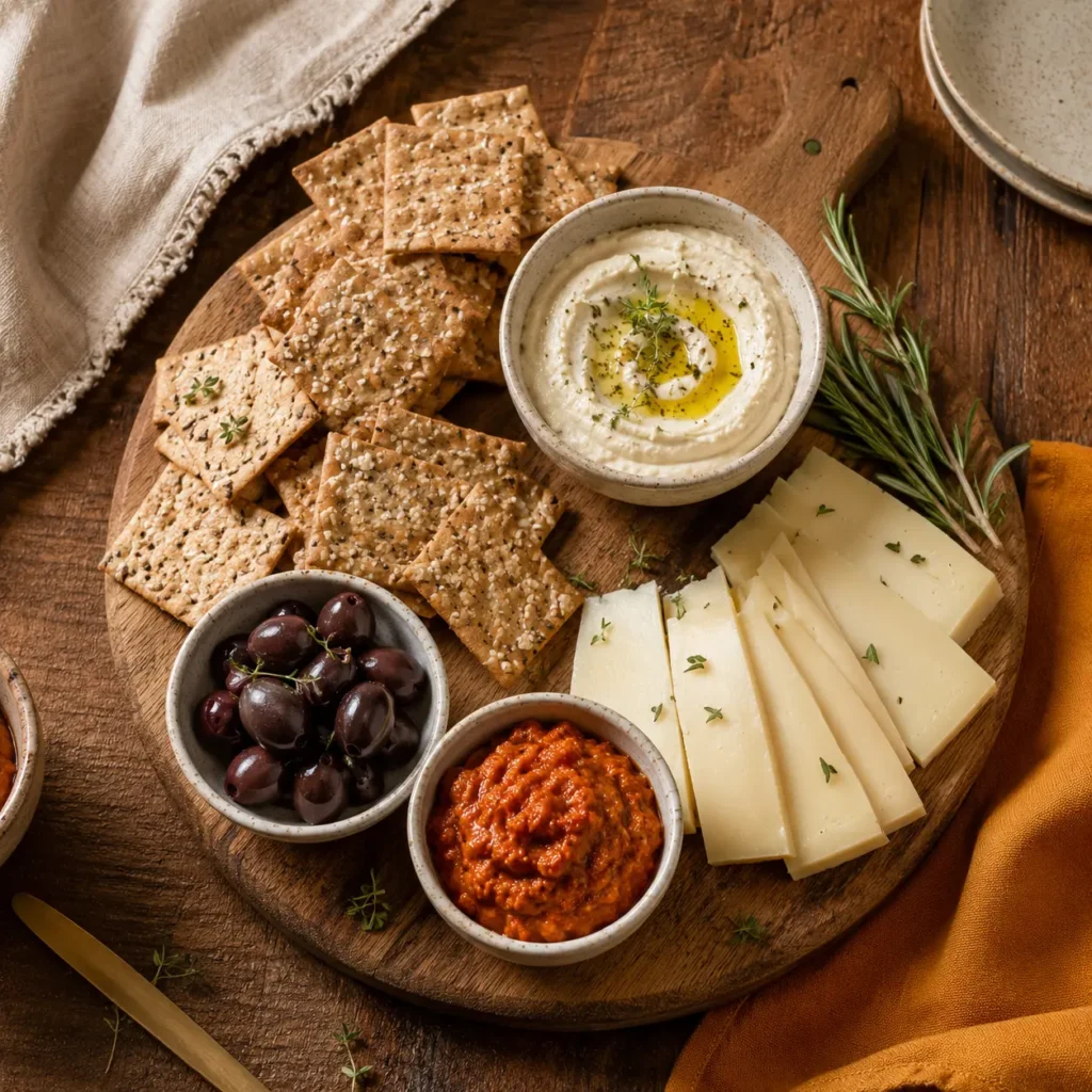Gluten-Free Snacks & Sides hero, a wooden board with gluten-free crackers, dips, sliced cheese, and fresh herbs in soft afternoon light