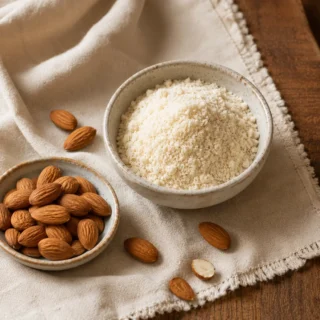 Almond Flour, a small bowl of fine almond flour beside whole almonds on a cream linen runner