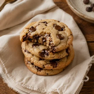 Chocolate Chip, a stack of three chewy gluten-free chocolate chip cookies, melted chips visible, on a cream linen napkin