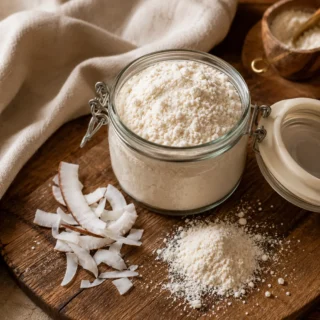 Coconut Flour, a small jar of coconut flour with a sprinkle of flour beside coconut shavings on weathered oak