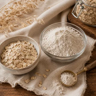 Oat Flour, rolled oats and a glass bowl of oat flour on a cream linen runner with brass measuring spoon