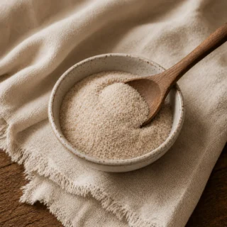 Psyllium Husk, a small ceramic bowl of psyllium husk powder with a wooden spoon on cream linen