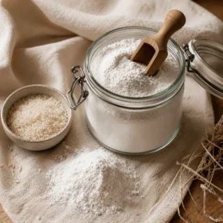 Rice Flour, rice flour in a glass jar with a wooden scoop and a small mound on a cream linen surface