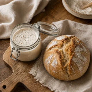 GF Sourdough, a glass jar of bubbly gluten-free sourdough starter beside a freshly baked GF boule