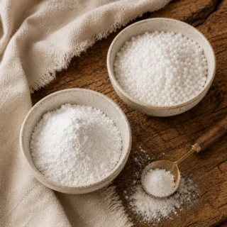 Tapioca, tapioca pearls beside fine tapioca starch in two small white ceramic bowls on weathered oak