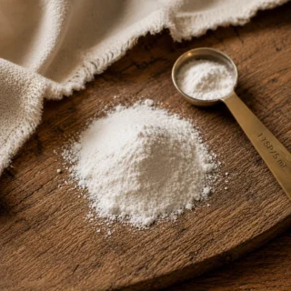 Xanthan Gum, a small white pile of xanthan gum powder beside a measuring spoon on weathered oak