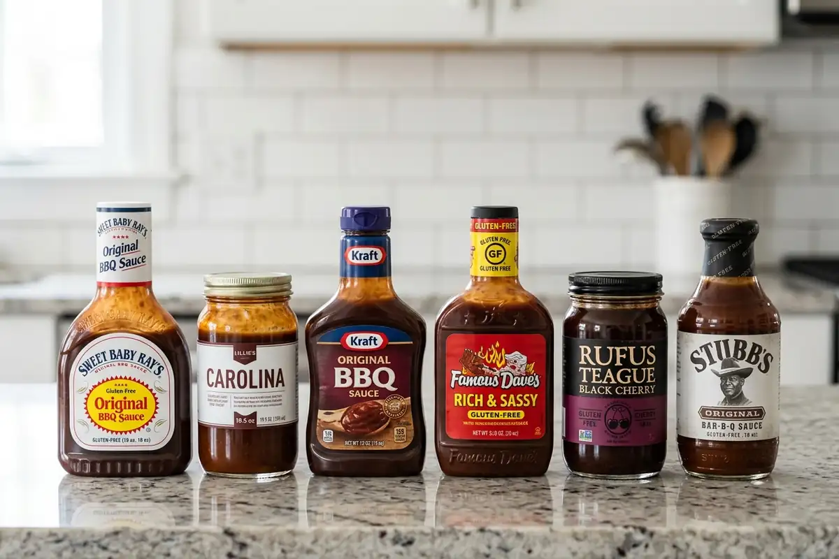Mainstream Brands That Are Gluten Free Bottles of commercial gluten free bbq sauce brands lined up on a counter