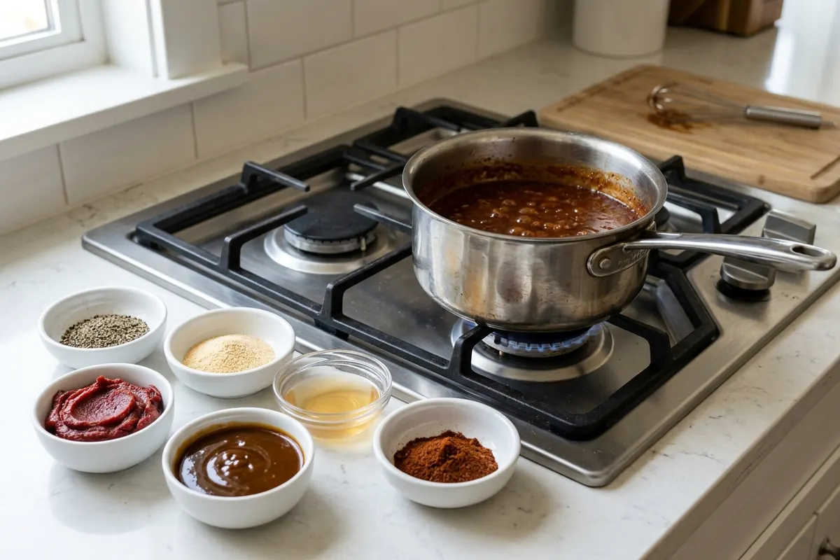 The Five-Minute Homemade BBQ Sauce Ingredients for a five-minute homemade gluten free bbq sauce around a saucepan