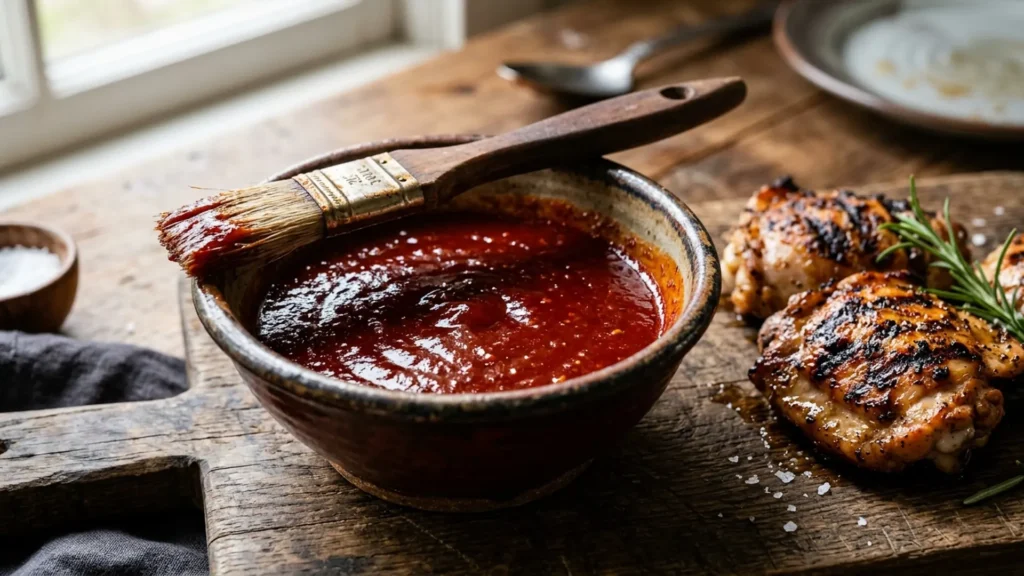 Bowl of glossy gluten free bbq sauce with a basting brush beside grilled chicken
