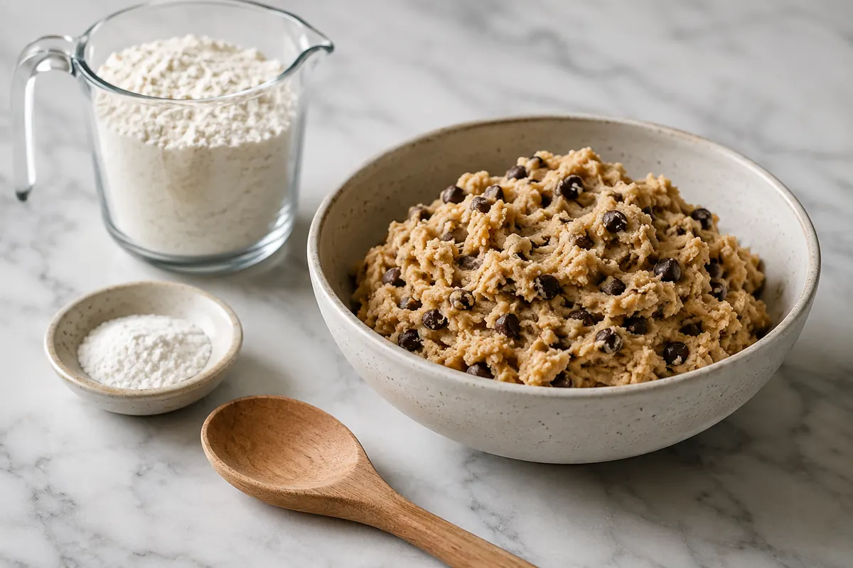 Gluten Free Cookie Dough A bowl of gluten free cookie dough beside a flour blend and xanthan gum