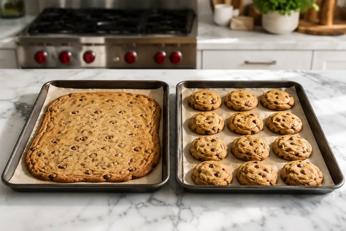 Spreading Versus Shaped Cookies Two trays comparing overspread gluten free cookies with well shaped ones