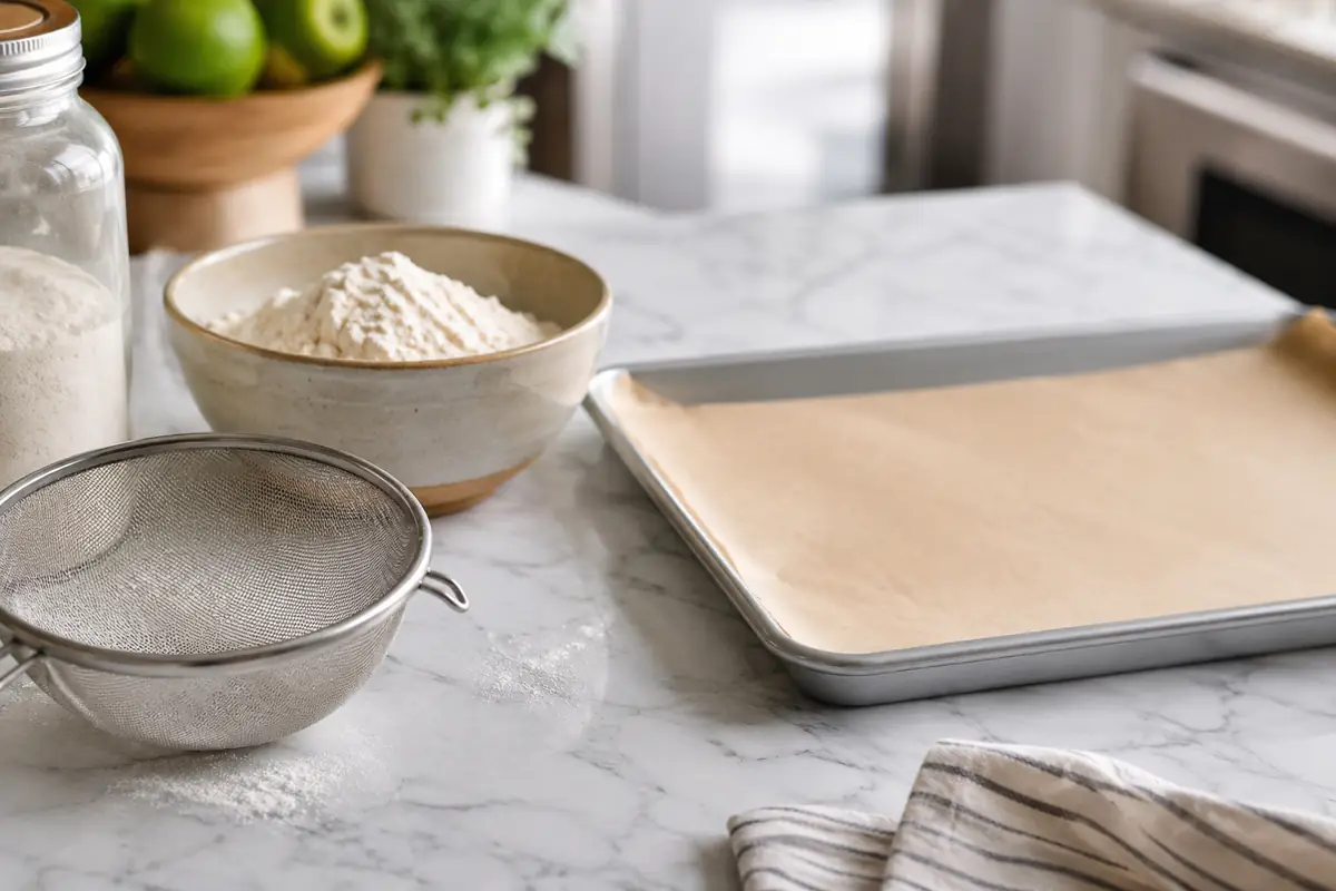 Avoiding Cross Contamination Separate clean baking tools and parchment set up for gluten free dessert prep