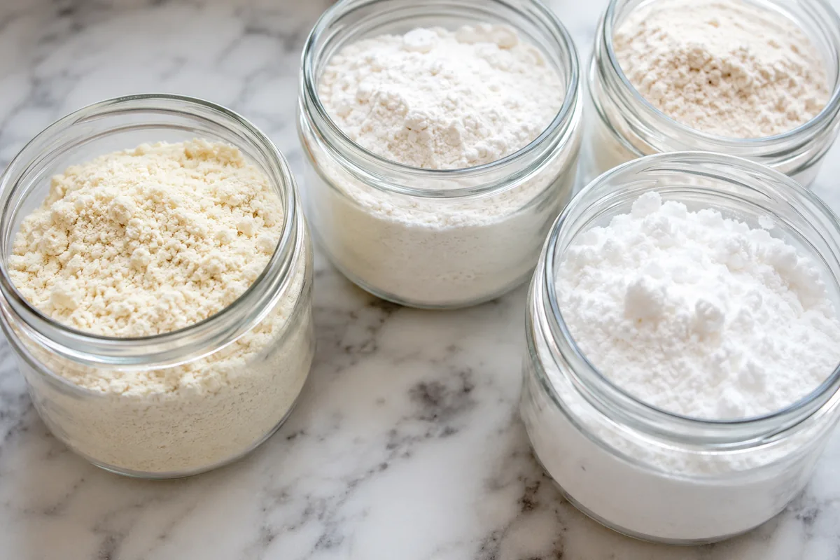Gluten Free Flours and Starches Open jars of almond flour, rice flour, tapioca starch, and coconut flour on a marble counter