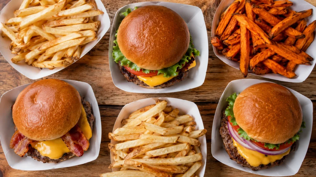 Gluten free fast food, beautifully styled overhead food photograph